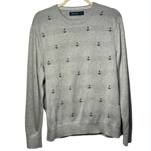 Nautica Gray Anchor Print Cotton Crewneck Sweater Size L - Picture 2 of 7